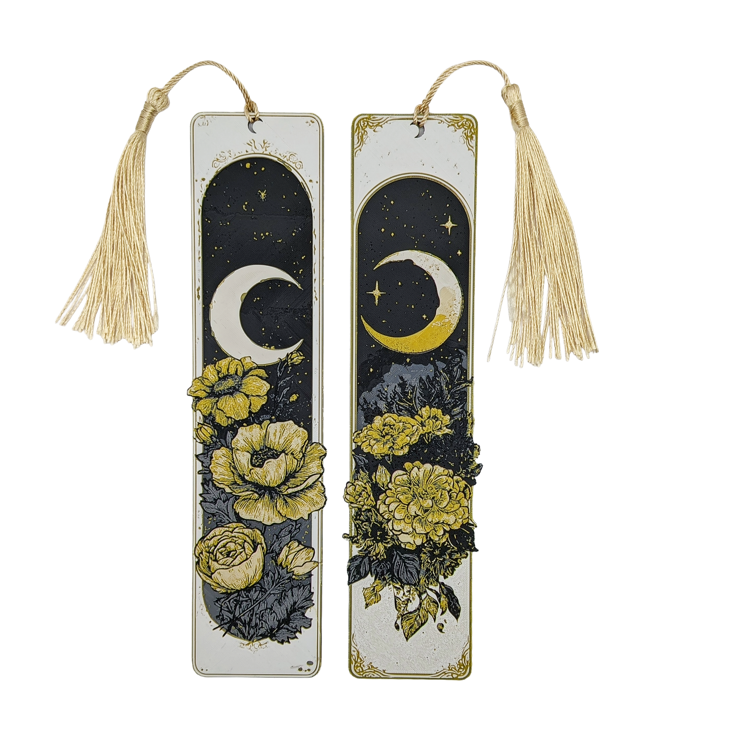 Mondblüten Lesezeichen mit Quaste - Schwarz/Gelb, Mond & Blumen